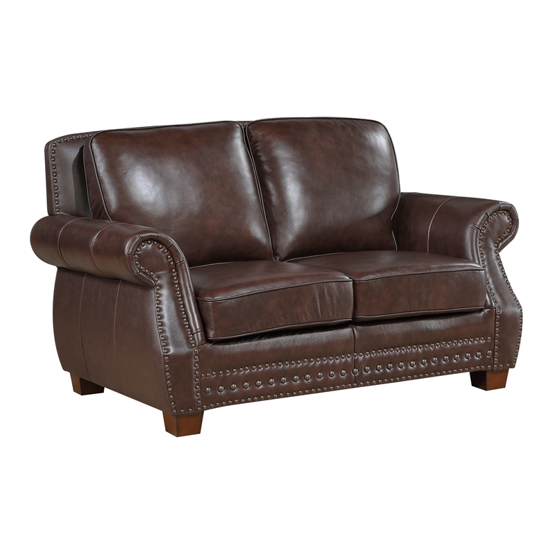 Pemberly Row Top-Grain Leather 2-Piece Sofa and Loveseat Set in Brown