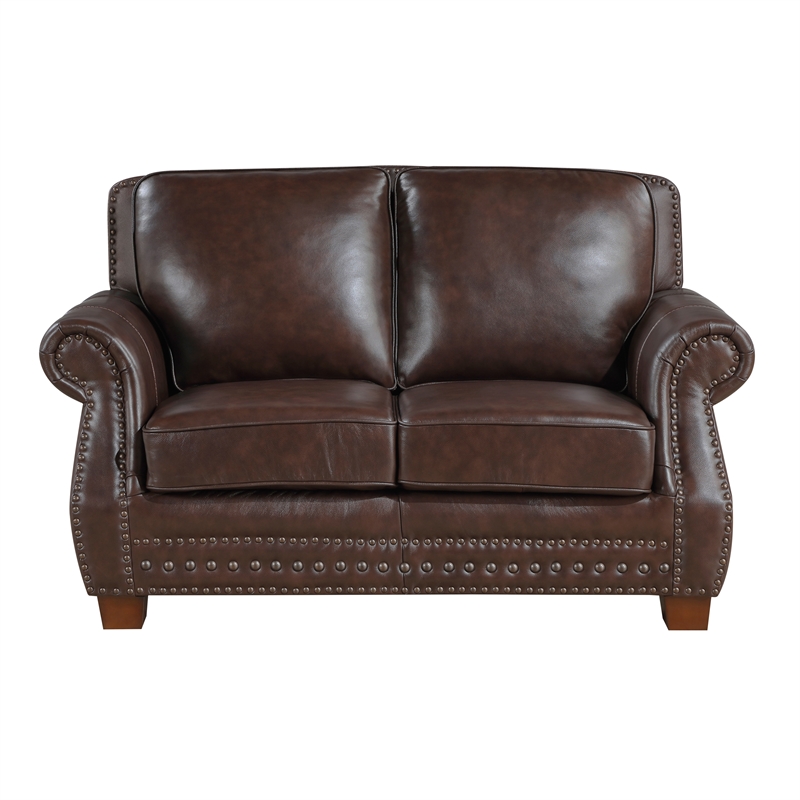 Pemberly Row Top-Grain Leather 2-Piece Sofa and Loveseat Set in Brown