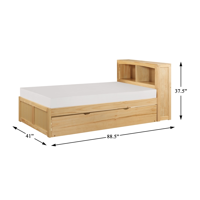 Pemberly Row Wood Twin Bookcase Bed With Twin Trundle in Natural Pine