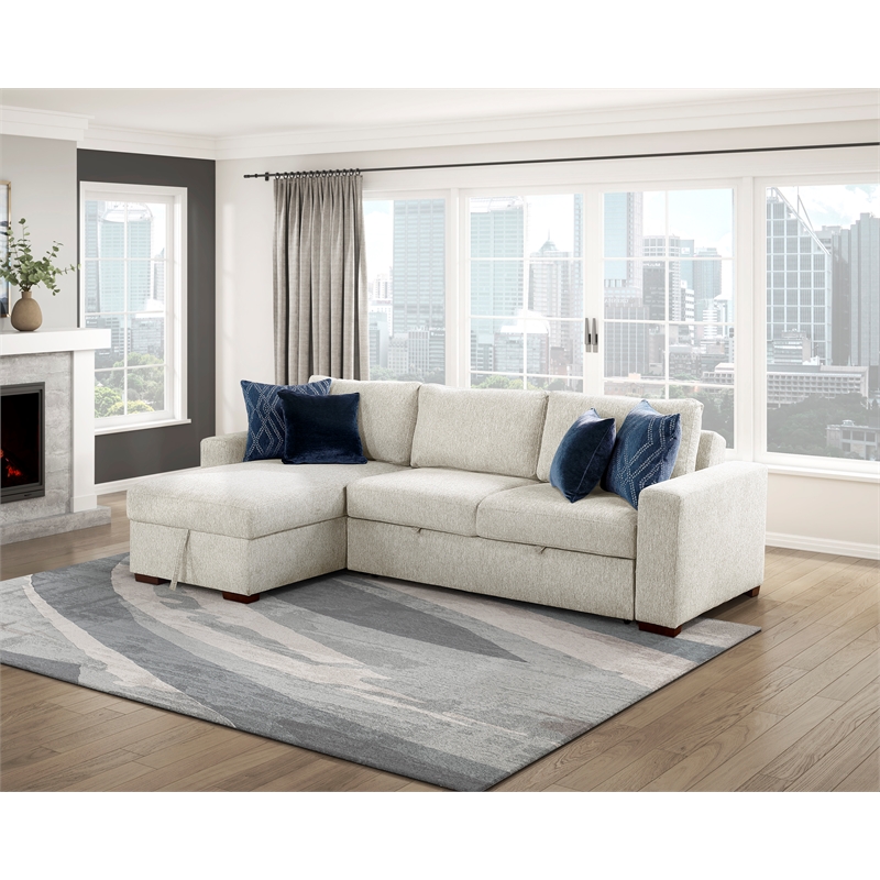 Pemberly Row Microfiber 2-Pc Sectional Sleeper With Reversible Chaise in Beige