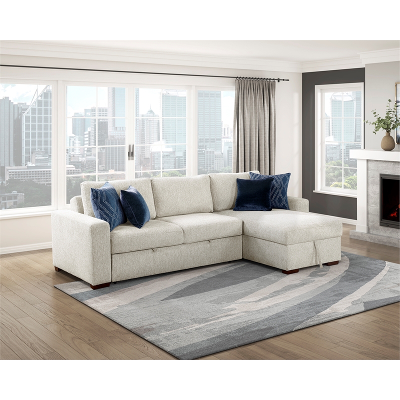 Pemberly Row Microfiber 2-Pc Sectional Sleeper With Reversible Chaise in Beige