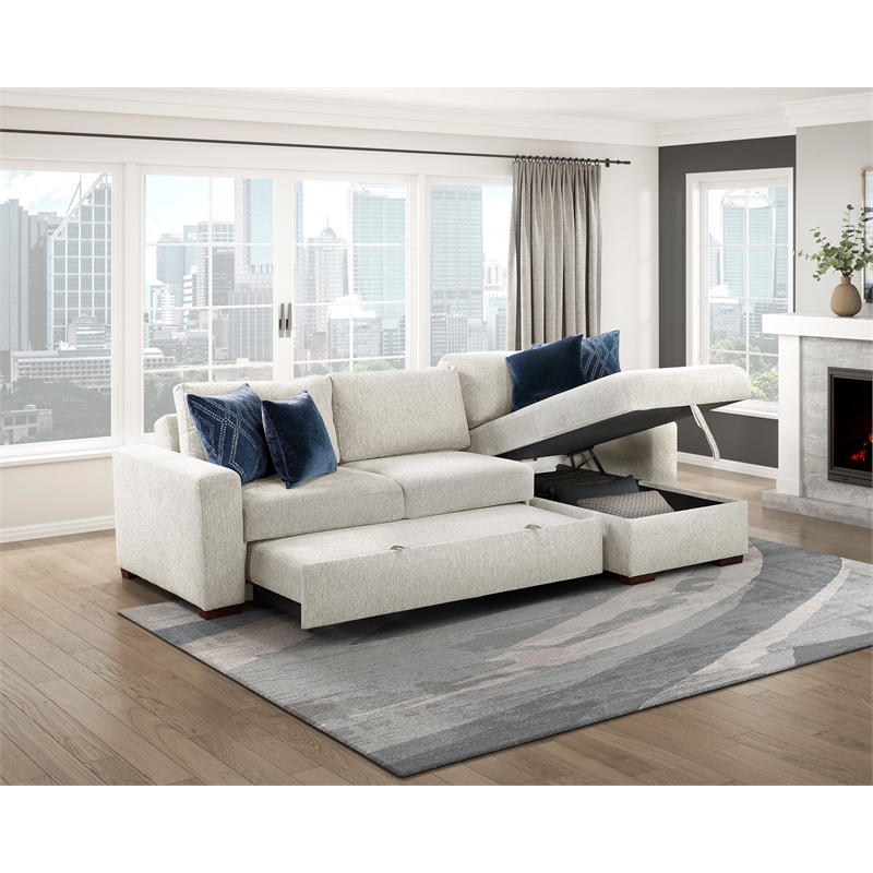 Pemberly Row Microfiber 2-Pc Sectional Sleeper With Reversible Chaise in Beige