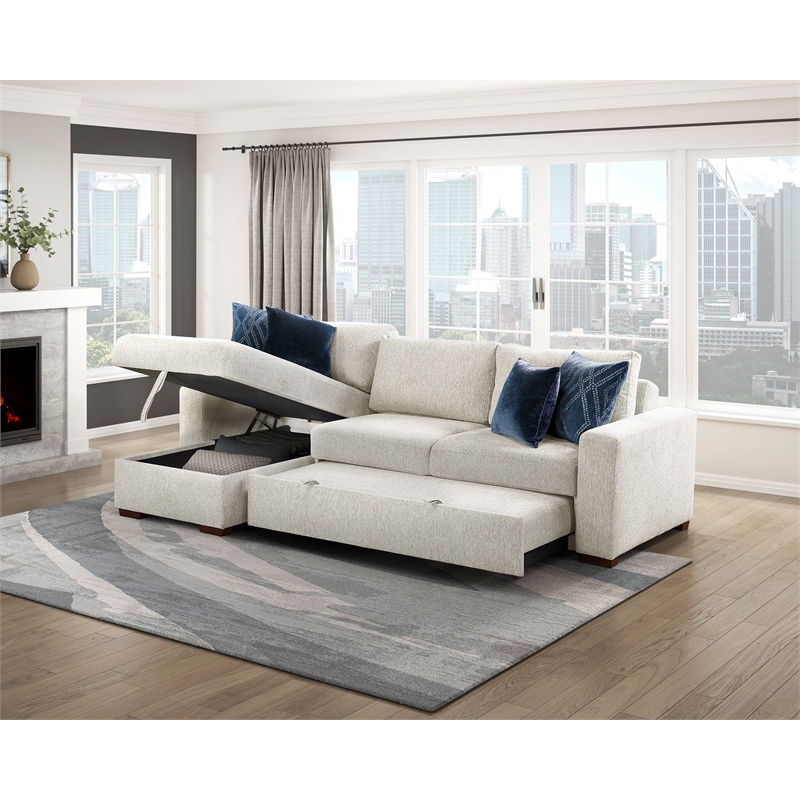 Pemberly Row Microfiber 2-Pc Sectional Sleeper With Reversible Chaise in Beige