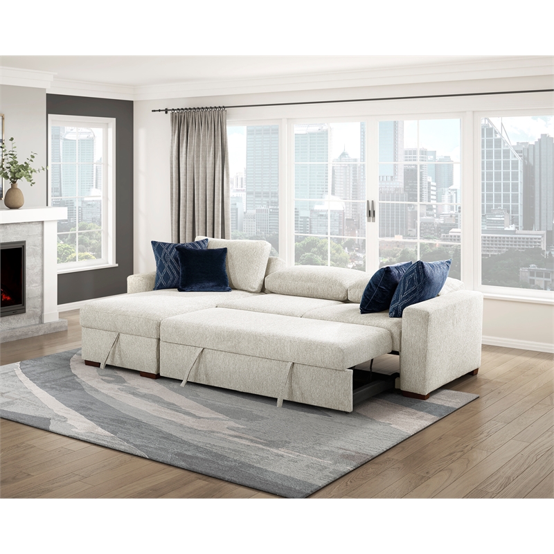 Pemberly Row Microfiber 2-Pc Sectional Sleeper With Reversible Chaise in Beige