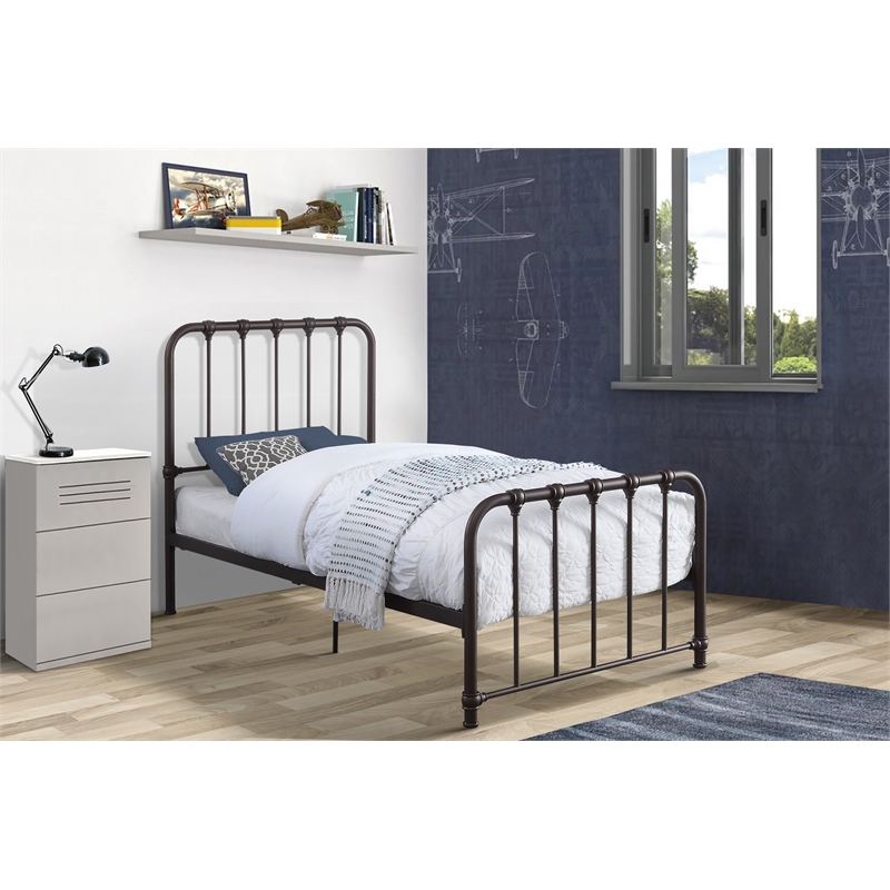 Pemberly Row Twin Metal Platform Bed With Traditional Accents in Dark Bronze