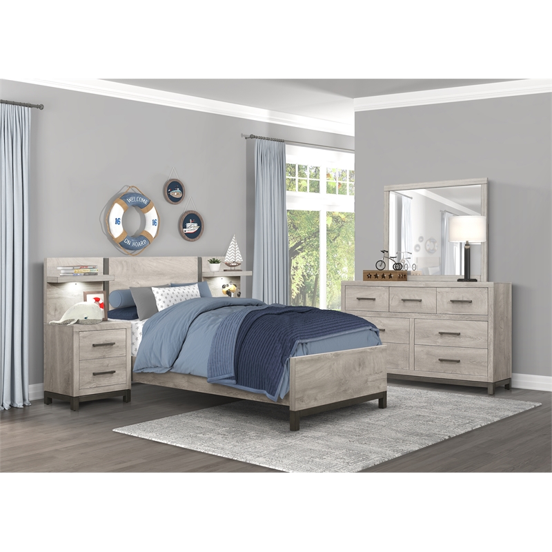 Pemberly Row Nightstand With LED Wall Panel and Power Outlet in Light Gray