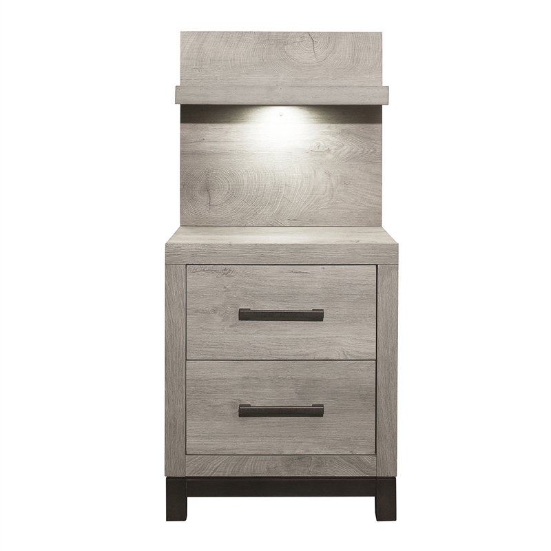 Pemberly Row Nightstand With LED Wall Panel and Power Outlet in Light Gray