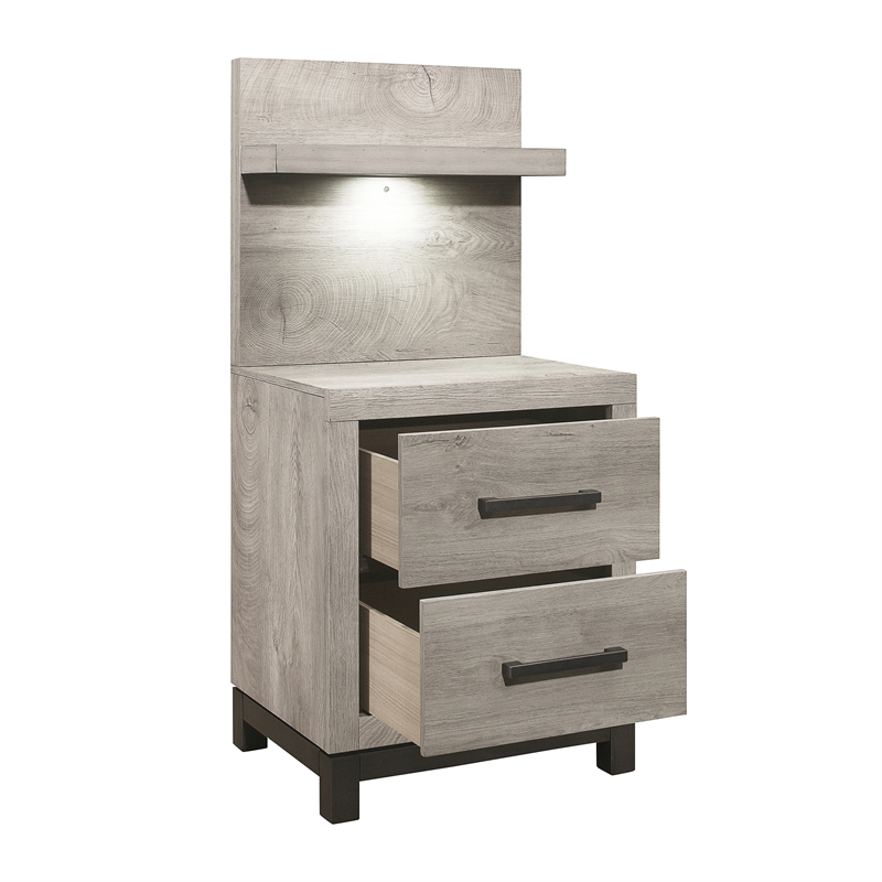 Pemberly Row Nightstand With LED Wall Panel and Power Outlet in Light Gray