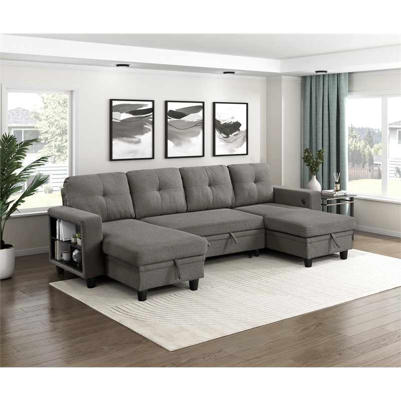 Pemberly Row Boucle U-Shaped Sectional With 2 Chaises & Pull-Out Bed in Brown