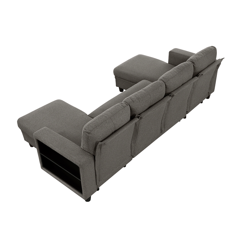 Pemberly Row Boucle U-Shaped Sectional With 2 Chaises & Pull-Out Bed in Brown