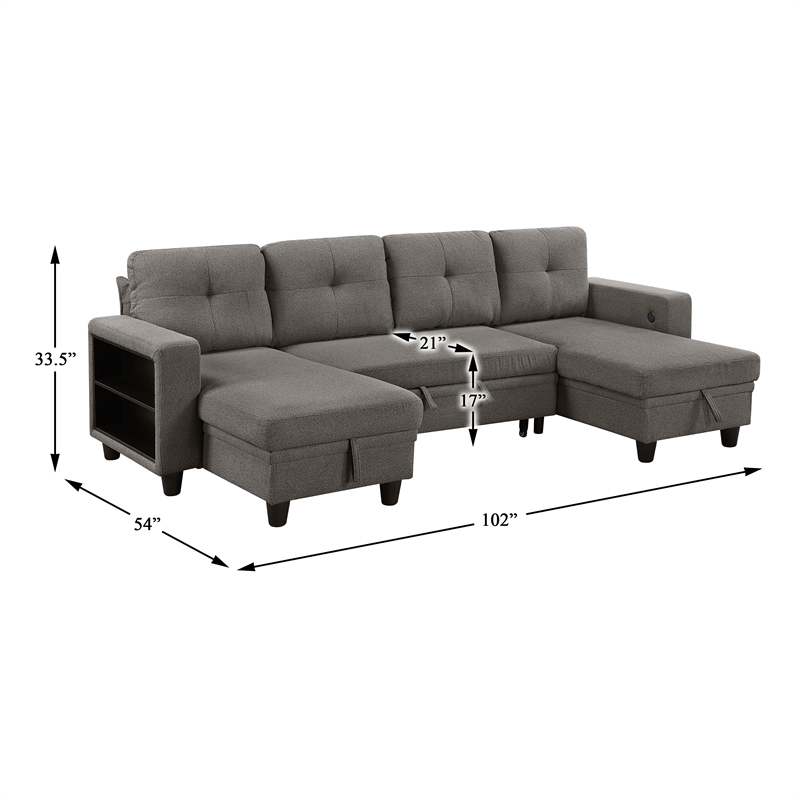 Pemberly Row Boucle U-Shaped Sectional With 2 Chaises & Pull-Out Bed in Brown