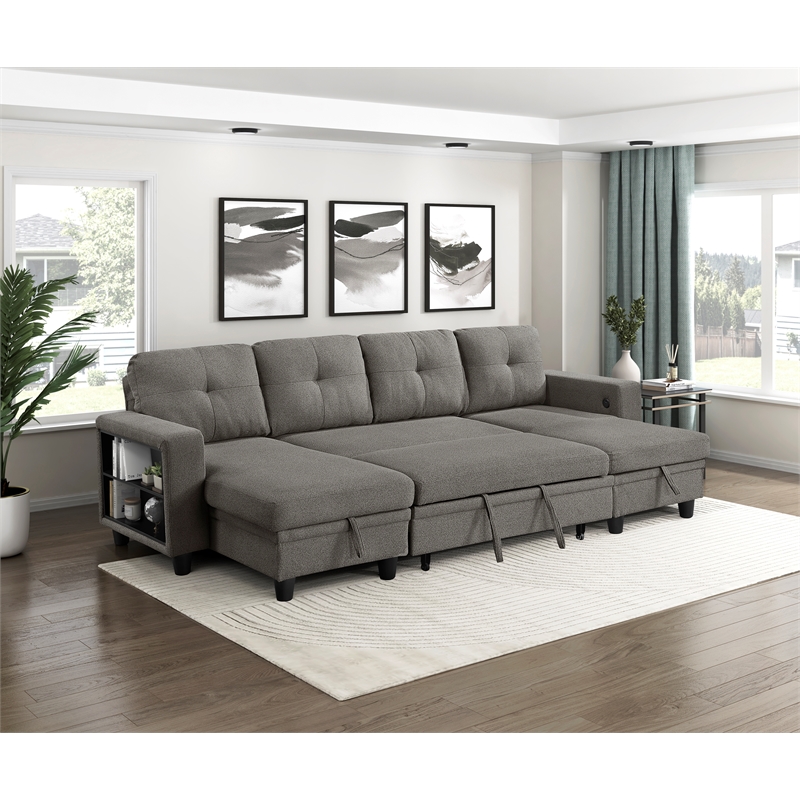 Pemberly Row Boucle U-Shaped Sectional With 2 Chaises & Pull-Out Bed in Brown