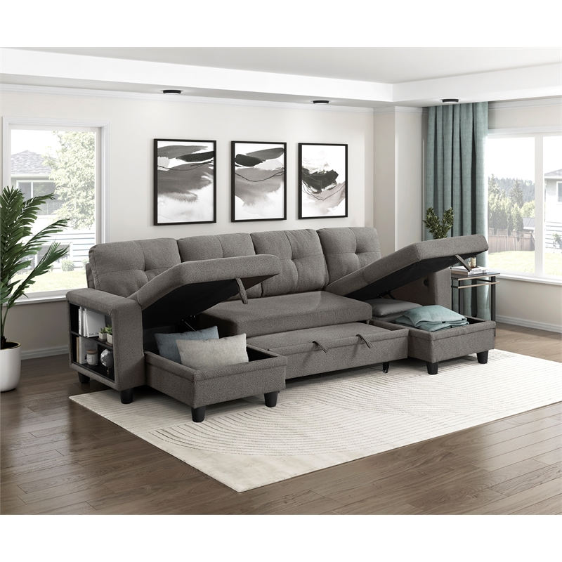 Pemberly Row Boucle U-Shaped Sectional With 2 Chaises & Pull-Out Bed in Brown