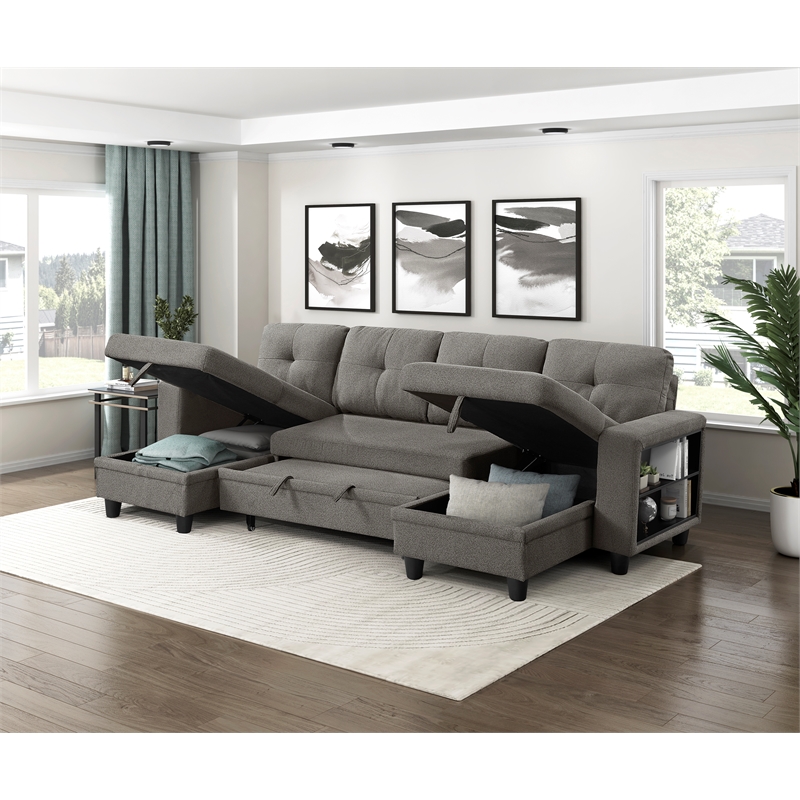 Pemberly Row Boucle U-Shaped Sectional With 2 Chaises & Pull-Out Bed in Brown