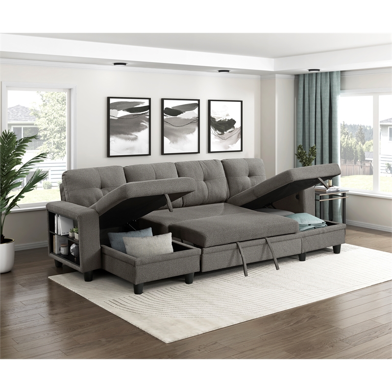 Pemberly Row Boucle U-Shaped Sectional With 2 Chaises & Pull-Out Bed in Brown