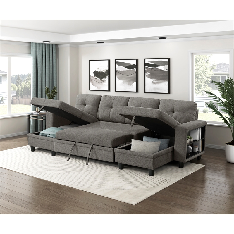 Pemberly Row Boucle U-Shaped Sectional With 2 Chaises & Pull-Out Bed in Brown