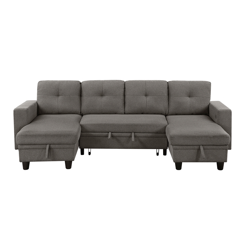 Pemberly Row Boucle U-Shaped Sectional With 2 Chaises & Pull-Out Bed in Brown