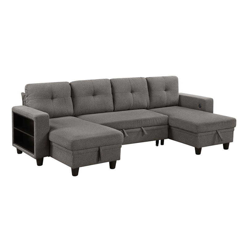 Pemberly Row Boucle U-Shaped Sectional With 2 Chaises & Pull-Out Bed in Brown