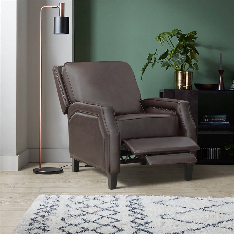 Pemberly Row Faux Leather Upholstered Push Back Recliner in Dark Brown