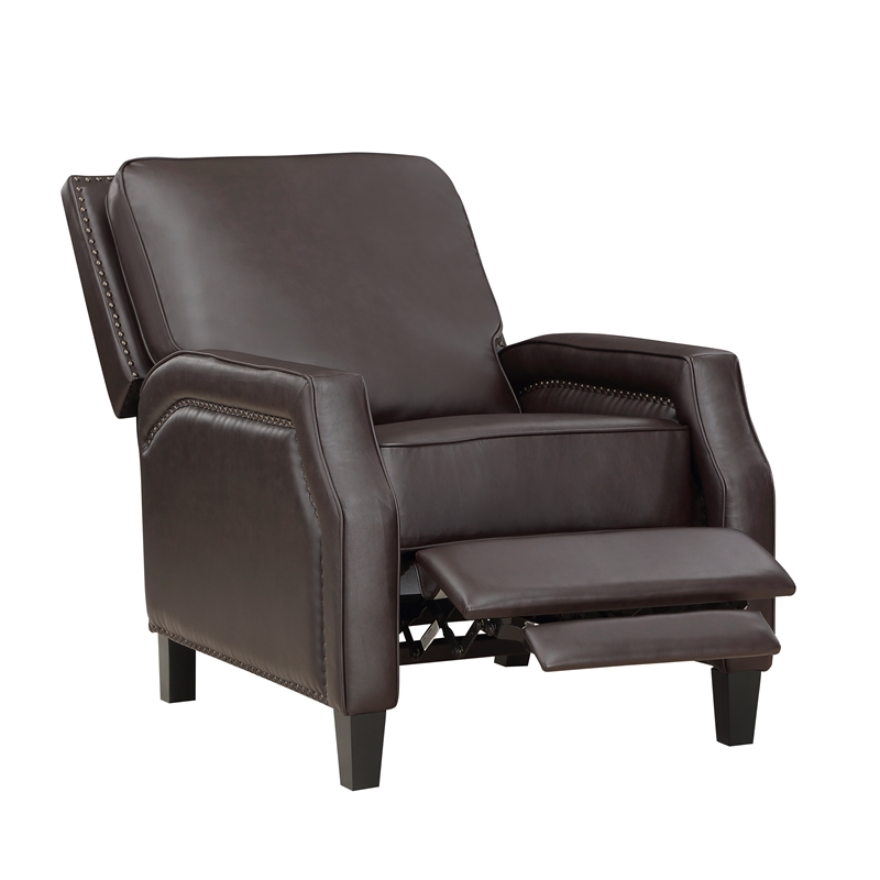 Pemberly Row Faux Leather Upholstered Push Back Recliner in Dark Brown