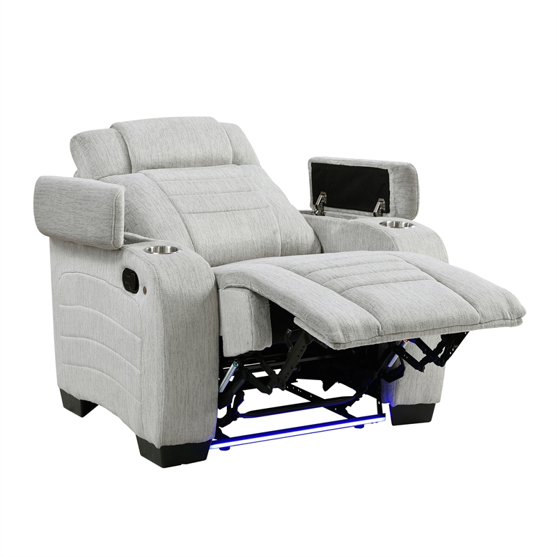Pemberly Row Microfiber Recliner With LED Lighting & Storage Arms in Light Gray