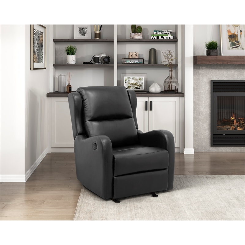 Pemberly Row Faux Leather Glider Manual Recliner With Tab Pull in Black