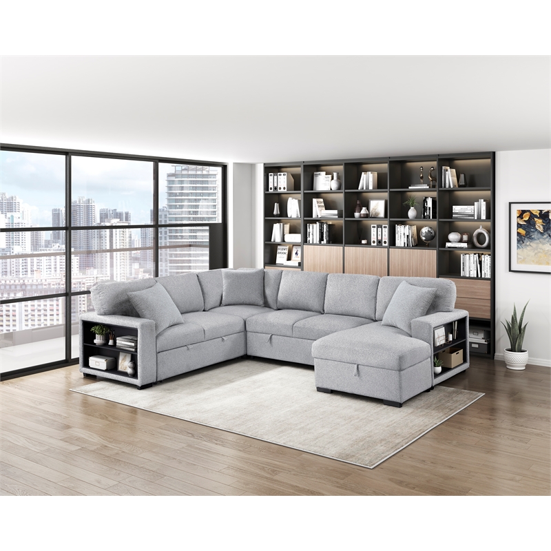 Pemberly Row Boucle 4-Piece Sectional With Right Chaise and Pull-Out Bed in Gray