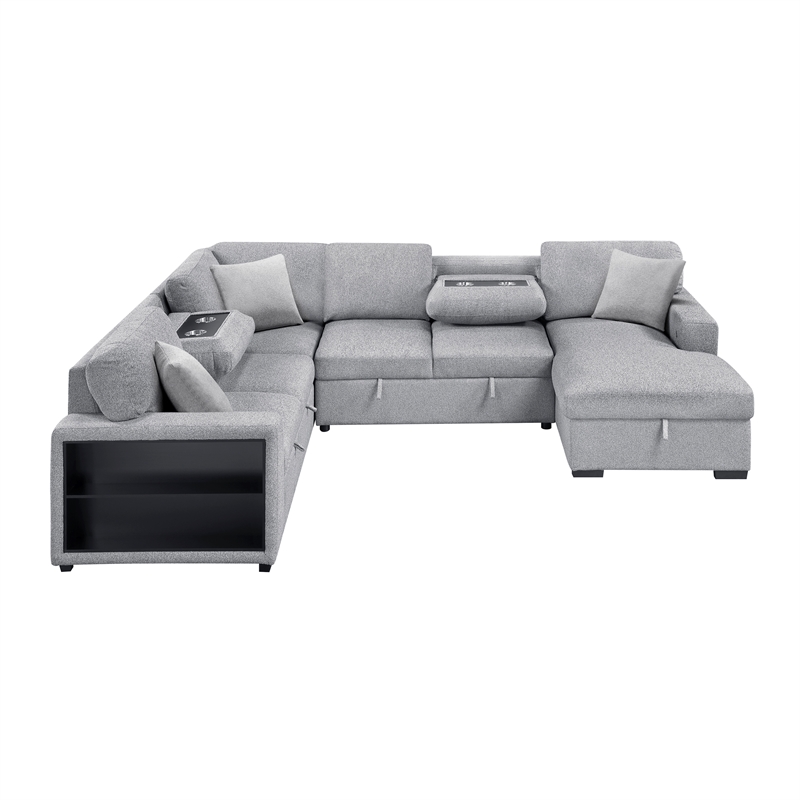 Pemberly Row Boucle 4-Piece Sectional With Right Chaise and Pull-Out Bed in Gray