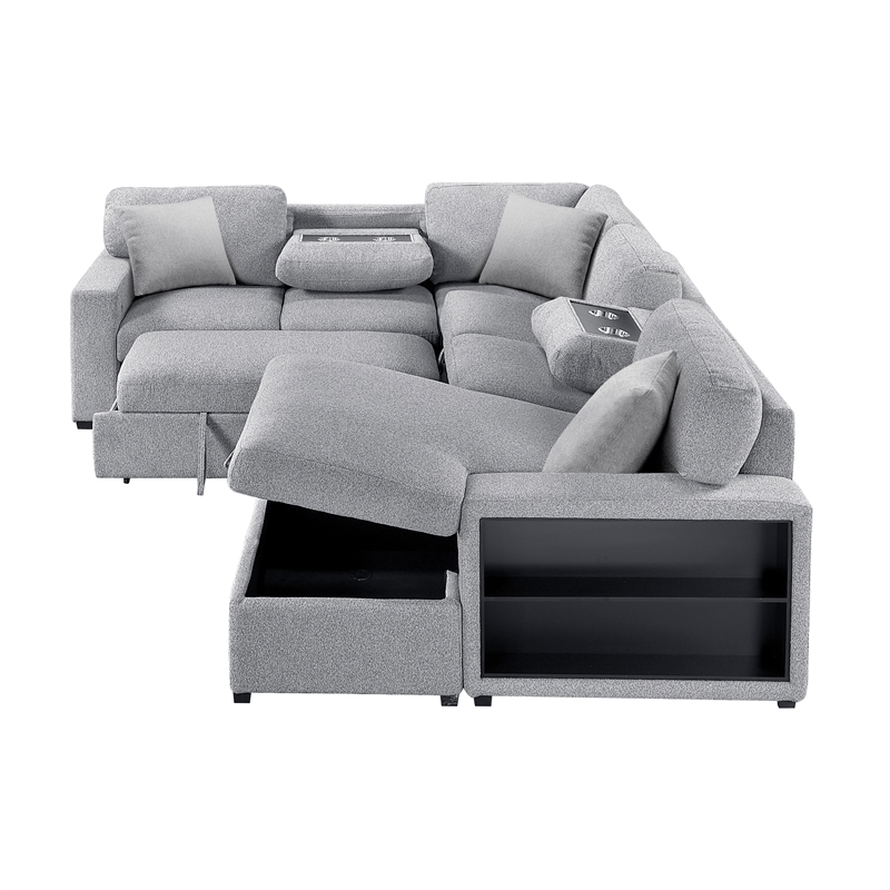 Pemberly Row Boucle 4-Piece Sectional With Right Chaise and Pull-Out Bed in Gray