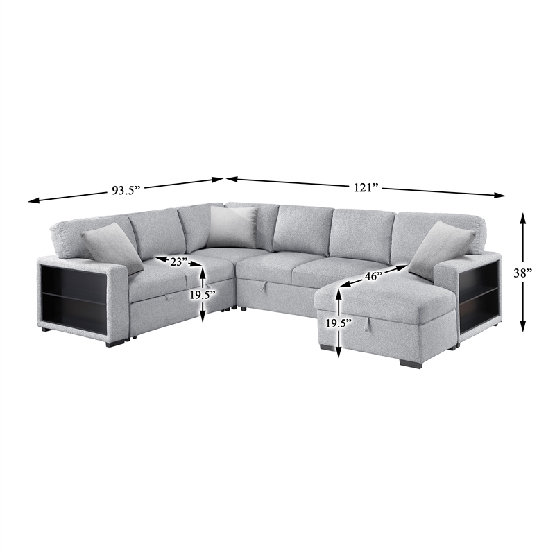 Pemberly Row Boucle 4-Piece Sectional With Right Chaise and Pull-Out Bed in Gray