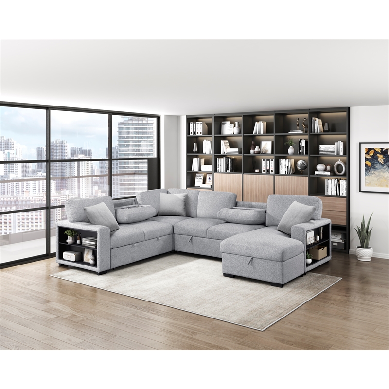 Pemberly Row Boucle 4-Piece Sectional With Right Chaise and Pull-Out Bed in Gray