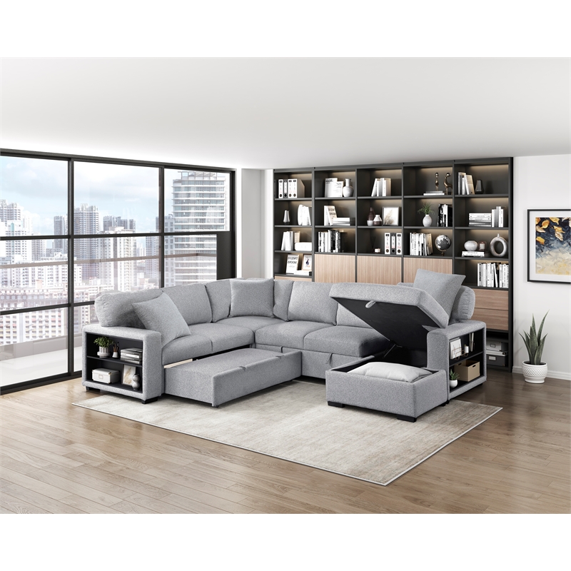 Pemberly Row Boucle 4-Piece Sectional With Right Chaise and Pull-Out Bed in Gray