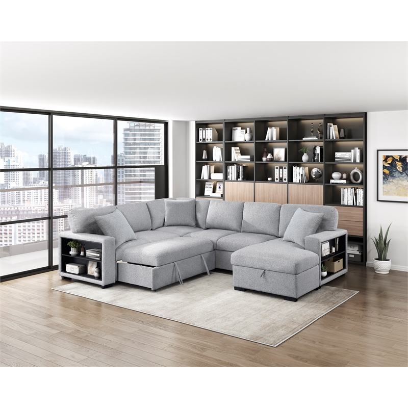 Pemberly Row Boucle 4-Piece Sectional With Right Chaise and Pull-Out Bed in Gray