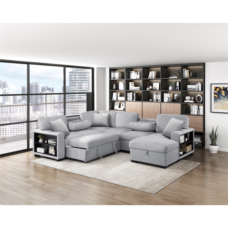 Pemberly Row Boucle 4-Piece Sectional With Right Chaise and Pull-Out Bed in Gray