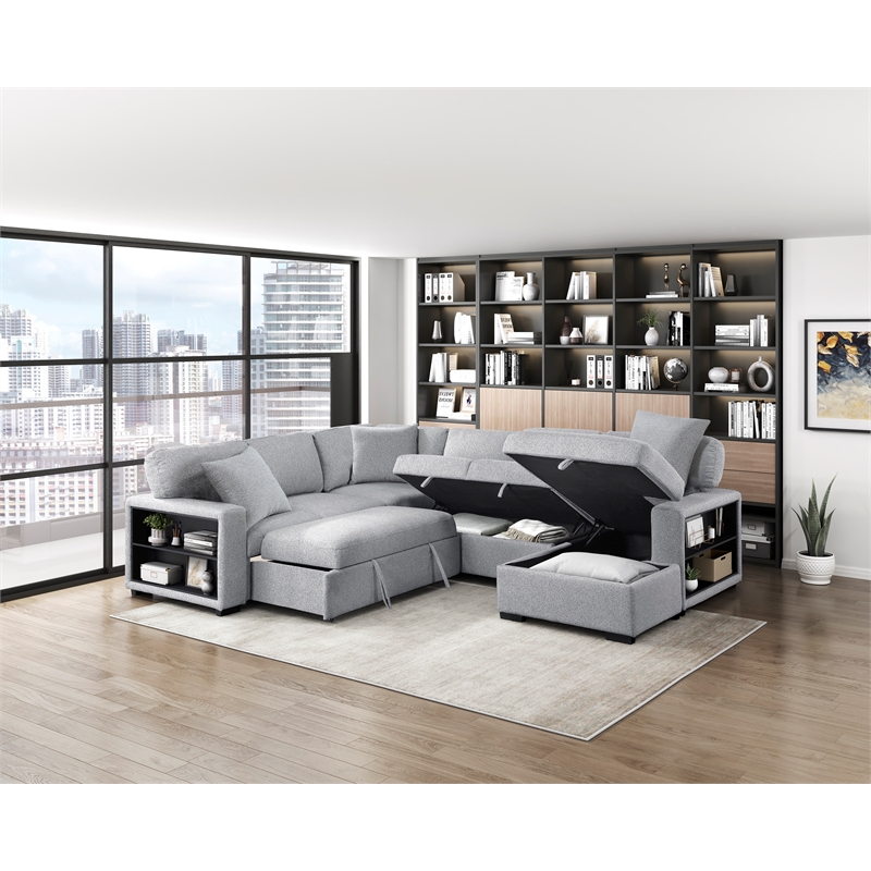 Pemberly Row Boucle 4-Piece Sectional With Right Chaise and Pull-Out Bed in Gray