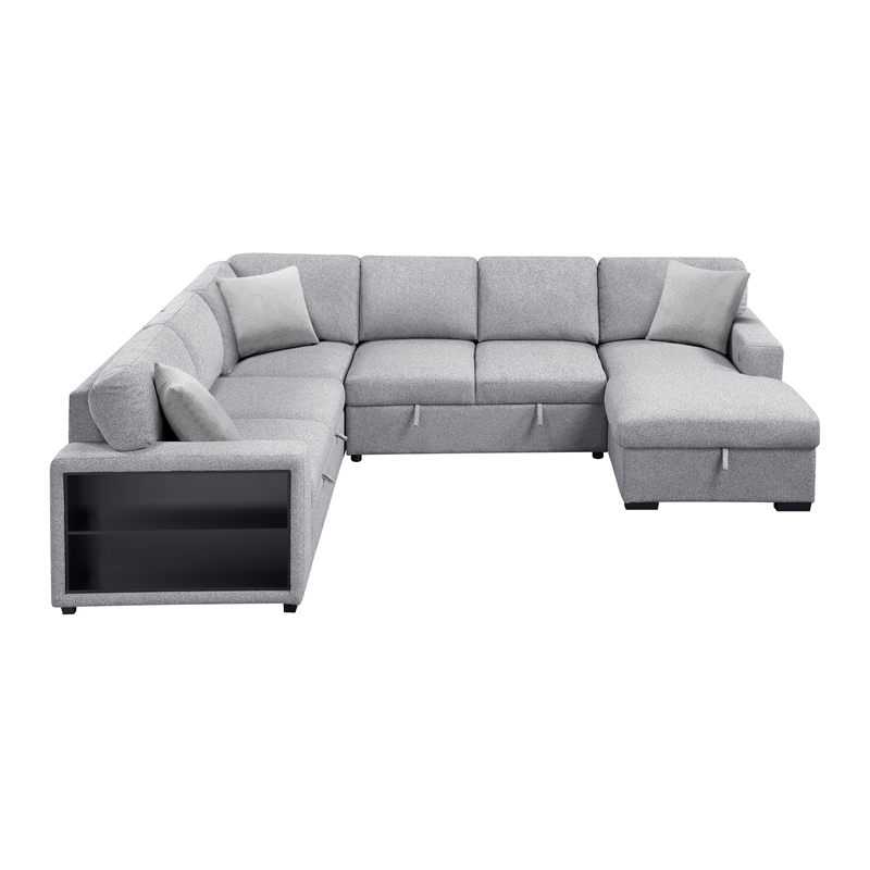 Pemberly Row Boucle 4-Piece Sectional With Right Chaise and Pull-Out Bed in Gray