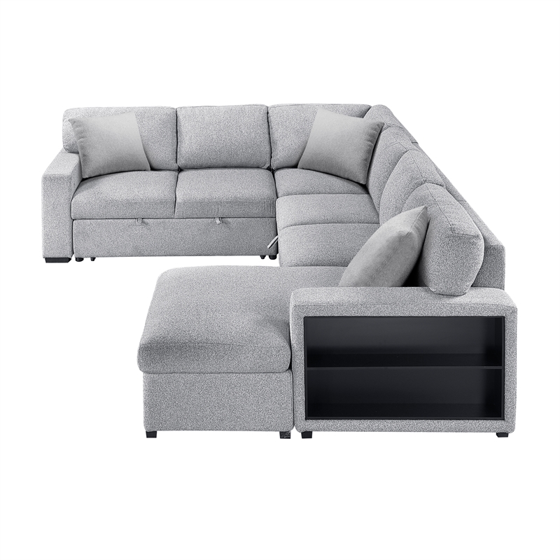 Pemberly Row Boucle 4-Piece Sectional With Right Chaise and Pull-Out Bed in Gray