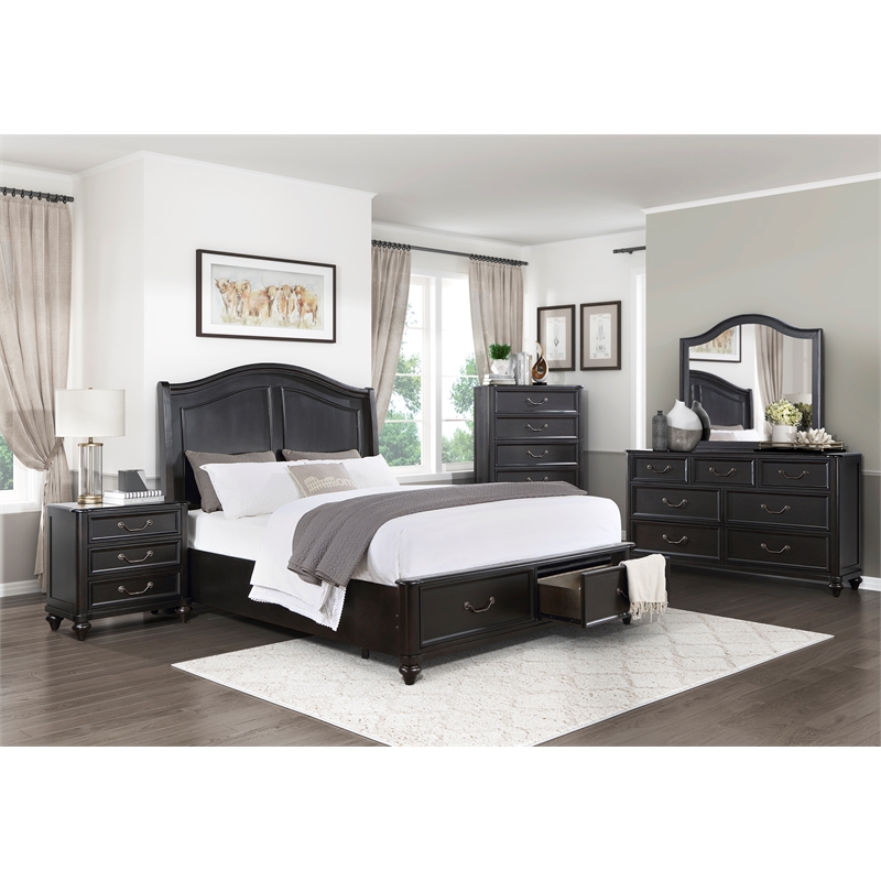 Pemberly Row Queen Platform Bed With Footboard Storage Drawers in Charcoal Brown