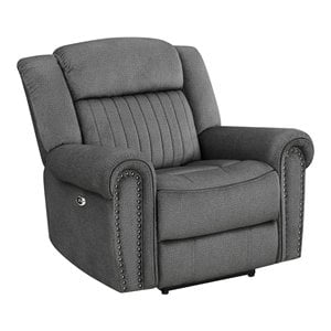 Pemberly Row Microfiber Power Reclining Chair With Nailhead Trim in Charcoal