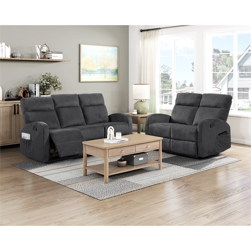 Pemberly Row Microfiber Wall-Hugger Double Reclining Loveseat in Dark Gray