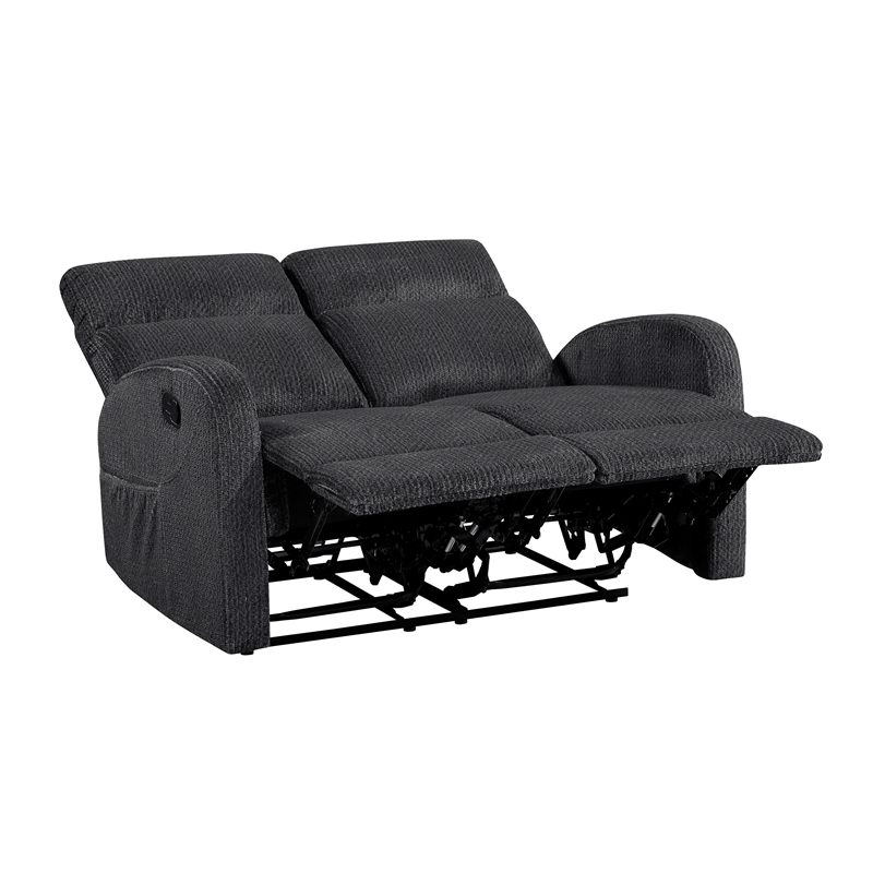 Pemberly Row Microfiber Wall-Hugger Double Reclining Loveseat in Dark Gray