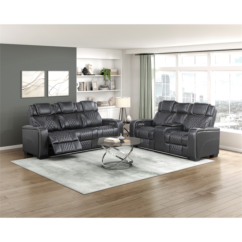 Pemberly Row Top-Grain Leather Power Reclining Loveseat in Black