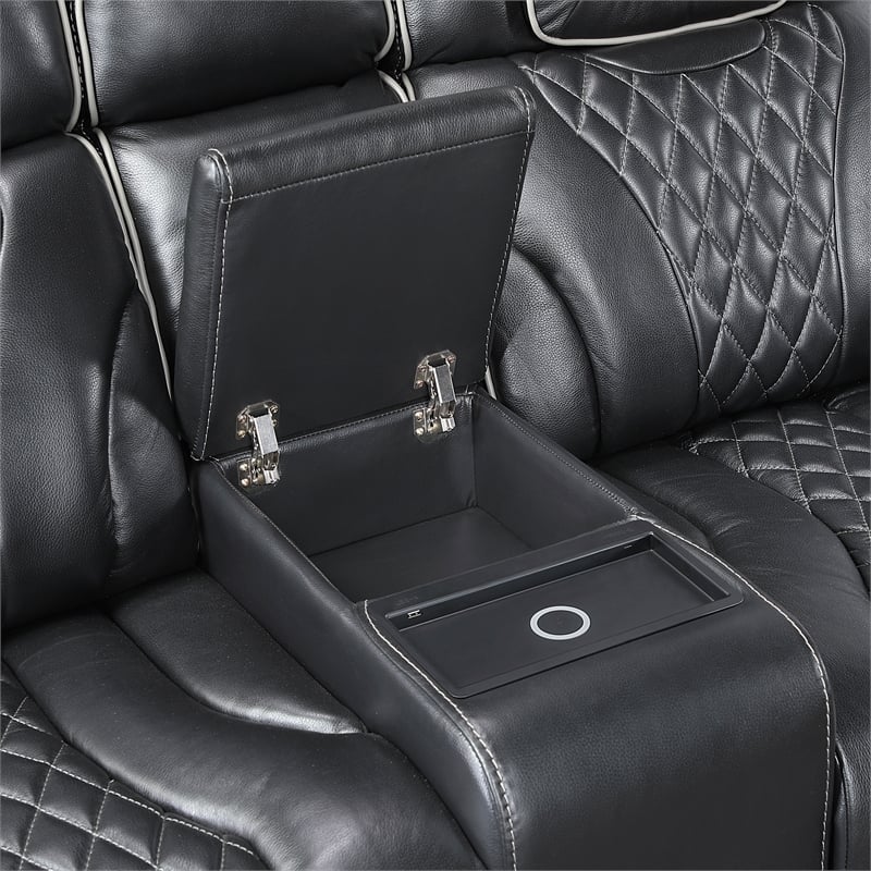 Pemberly Row Top-Grain Leather Power Reclining Loveseat in Black