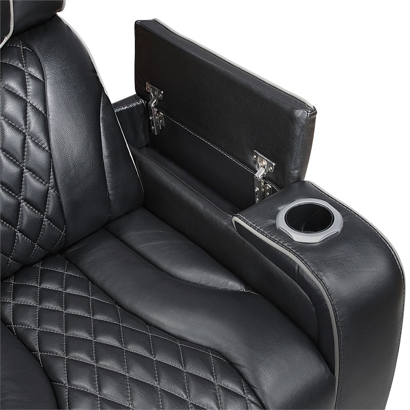 Pemberly Row Top-Grain Leather Power Reclining Loveseat in Black