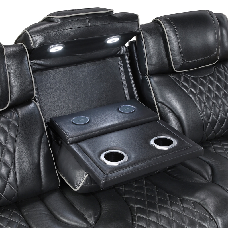 Pemberly Row Top-Grain Leather Power Reclining Loveseat in Black