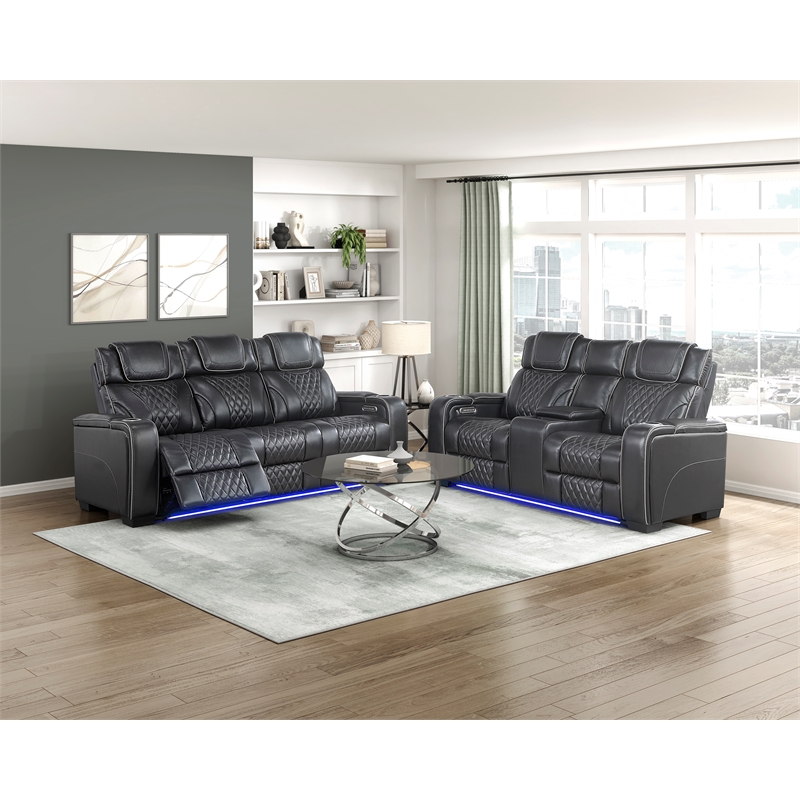 Pemberly Row Top-Grain Leather Power Reclining Loveseat in Black