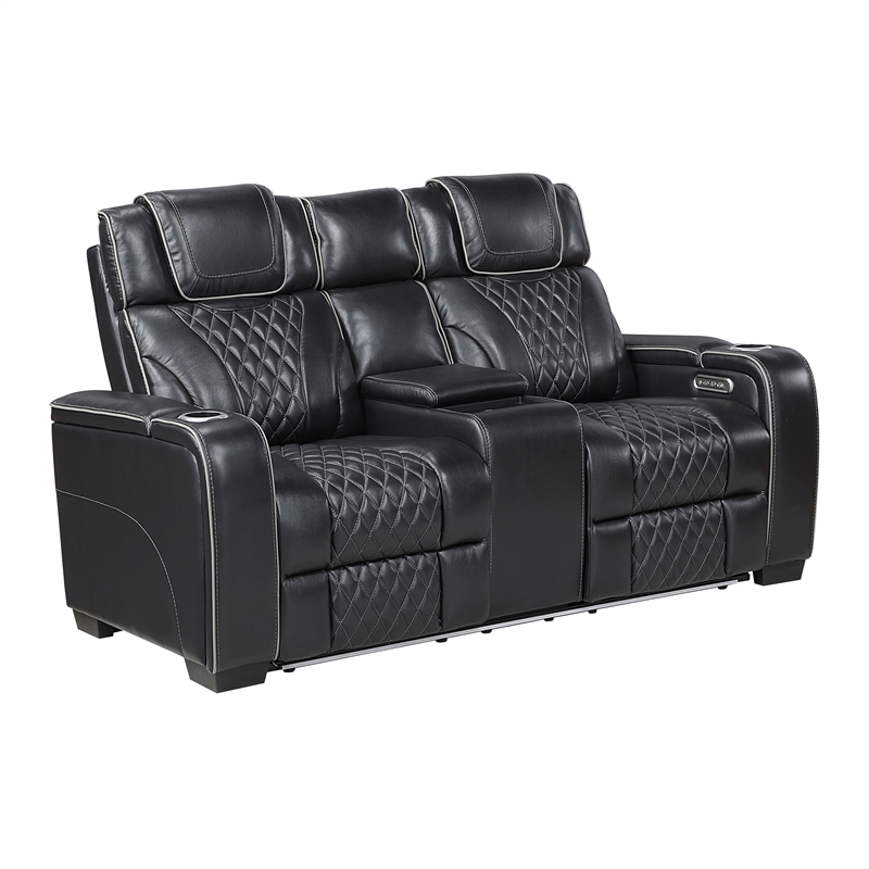 Pemberly Row Top-Grain Leather Power Reclining Loveseat in Black