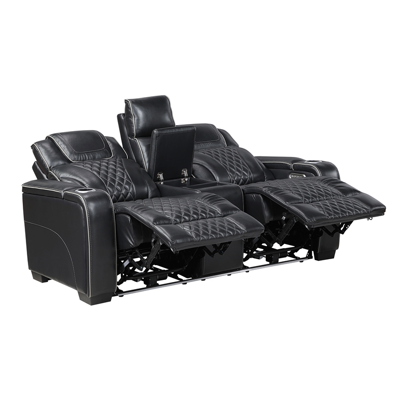 Pemberly Row Top-Grain Leather Power Reclining Loveseat in Black