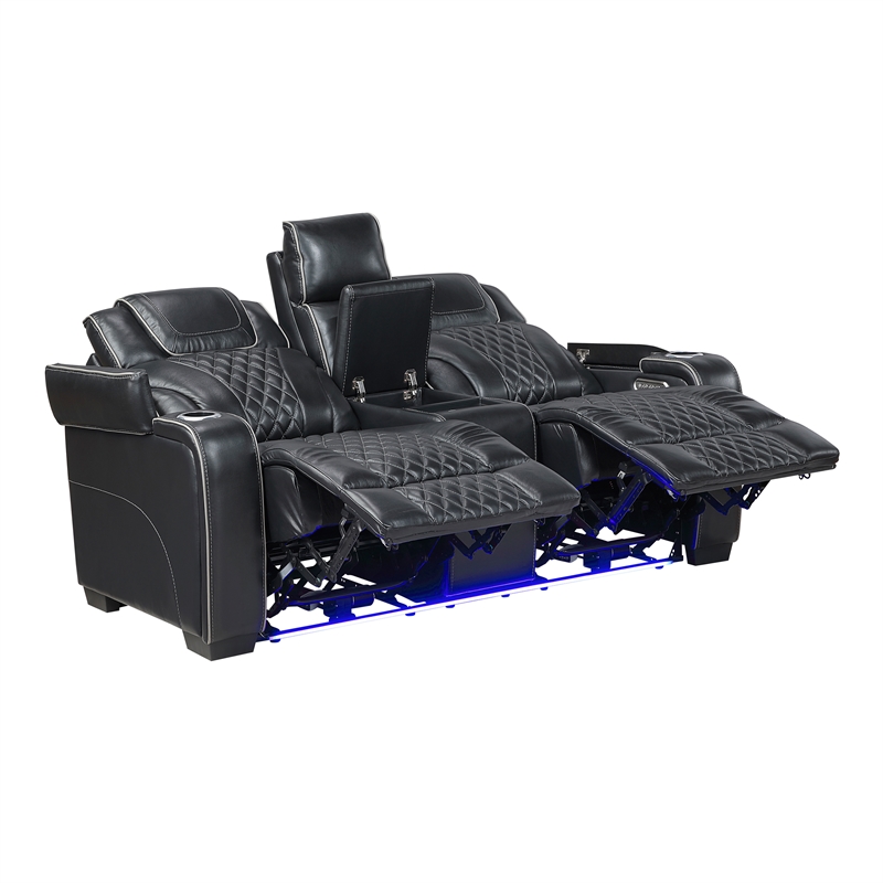 Pemberly Row Top-Grain Leather Power Reclining Loveseat in Black