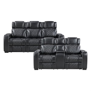 Pemberly Row Top-Grain Leather Power Reclining Loveseat in Black